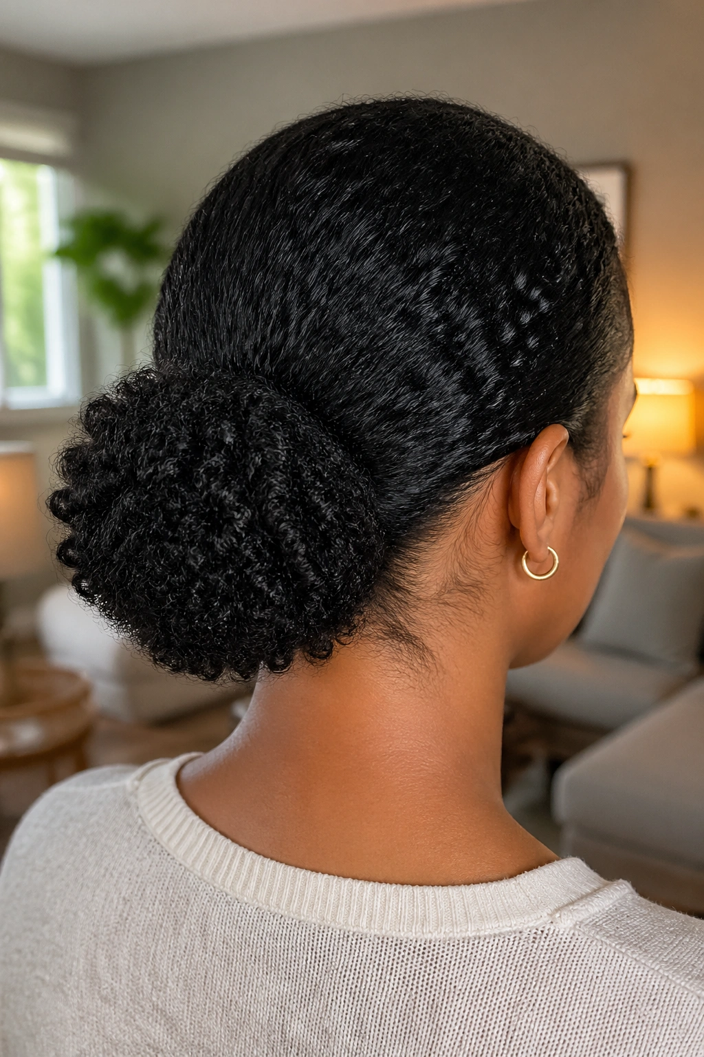 Back view of a person with a low puff at the nape