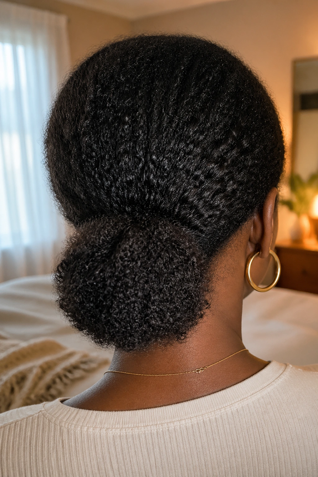 Back view of real person with a low puff at the nape