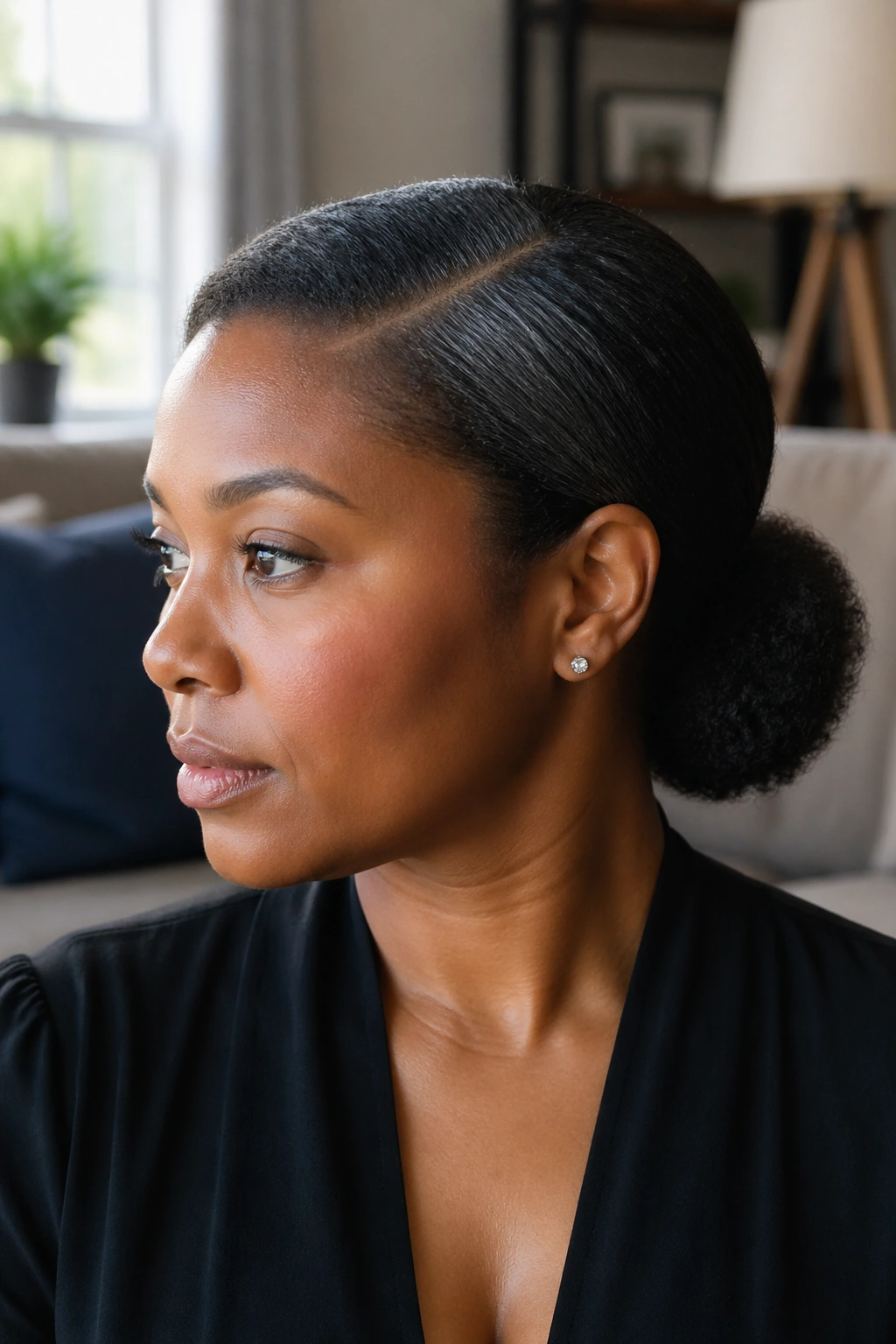 Close-up of a real woman with a low puff ponytail and side part in natural window light