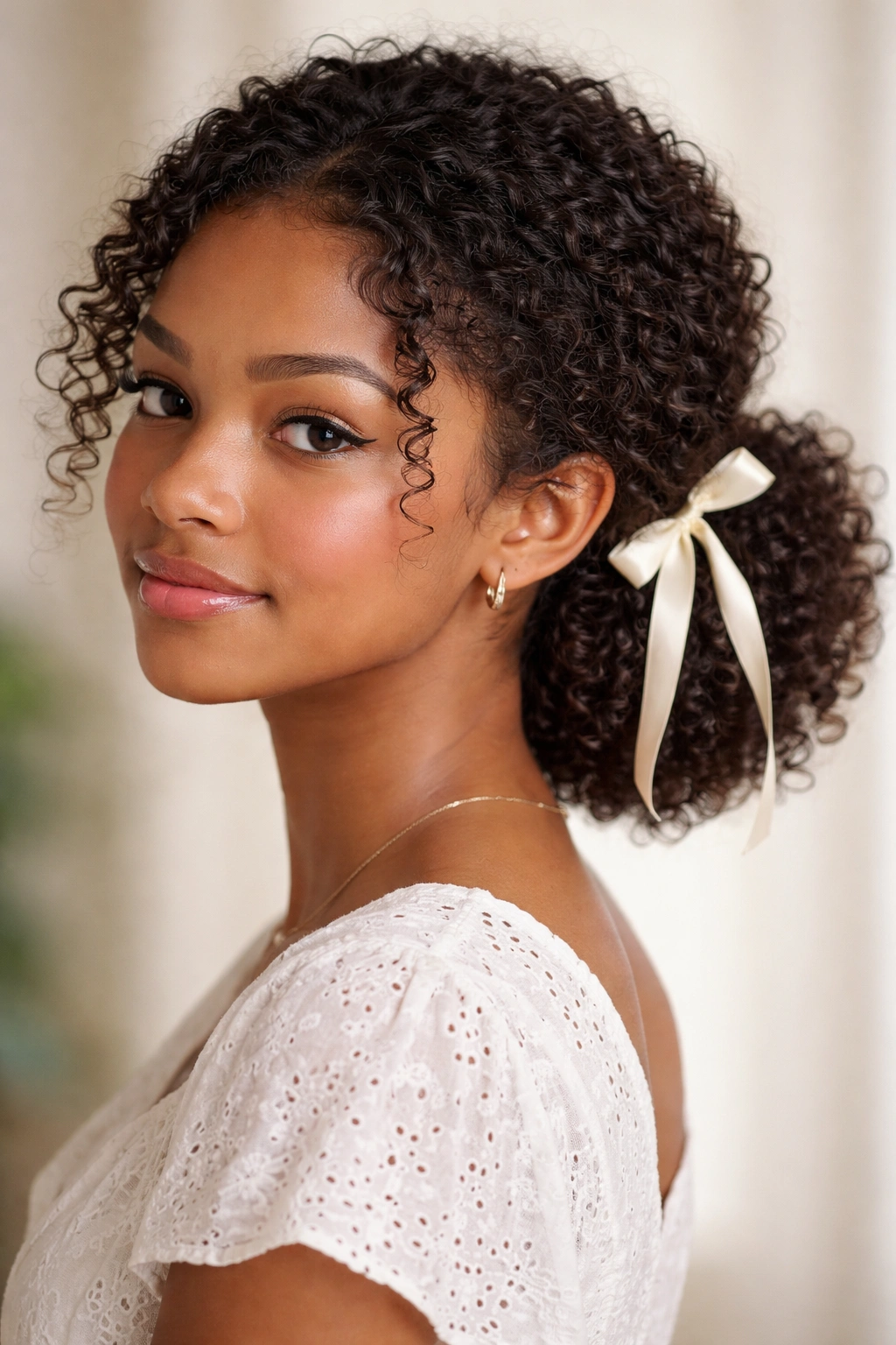 Low puff hairstyle with satin ribbon at the base