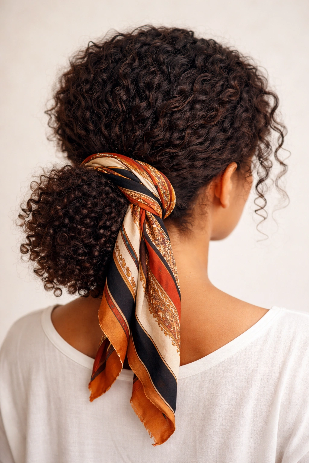Back view of A Low Puff Wrapped With a Scarf showing scarf-wrapped low puff hairstyle