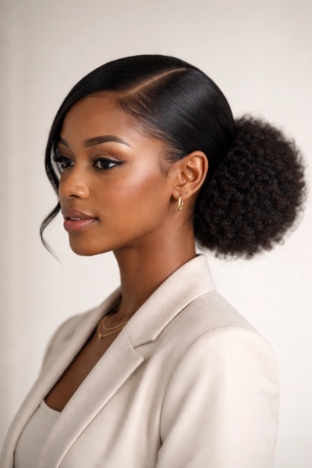 Low afro puff at the nape with a clean side part and face-framing profile