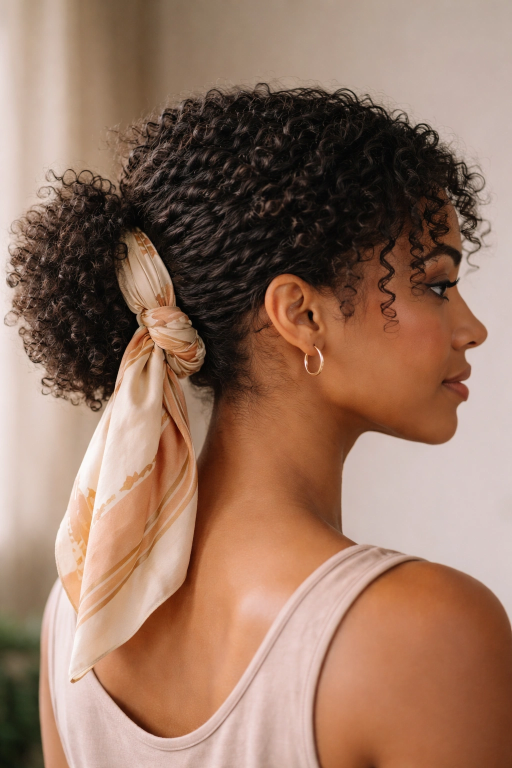Profile view of a low puff at the nape with a silk scarf on short curls