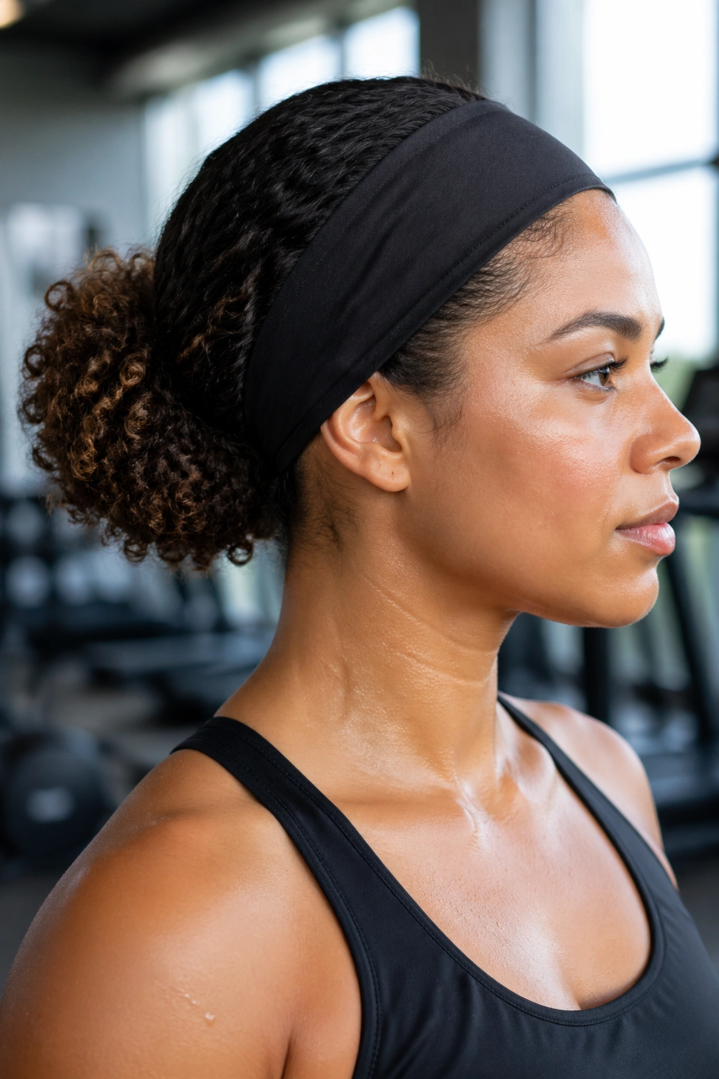 Close-up portrait of a real woman with a low puff hairstyle and a wide sweatband in a gym setting