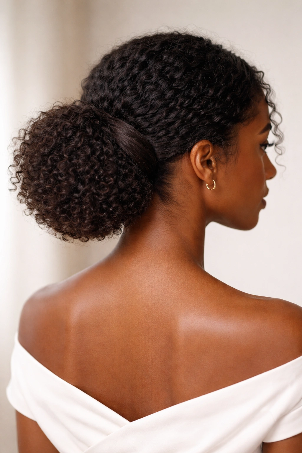 Low puff at the nape with a wrapped base hairstyle