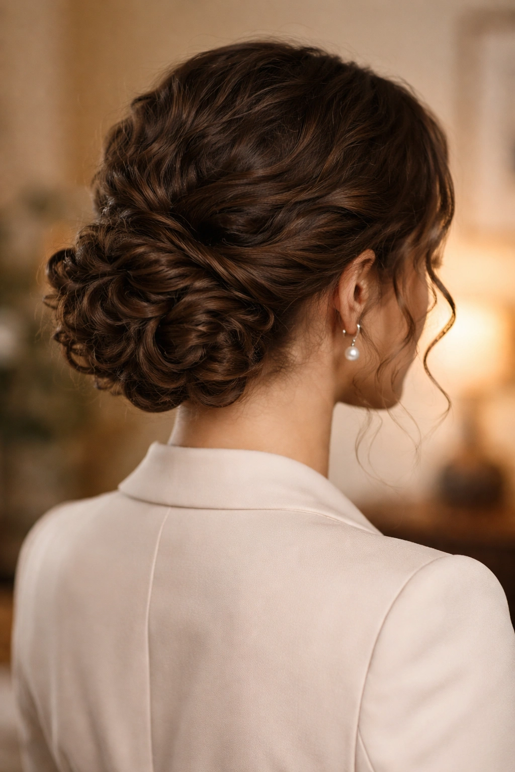 Low roll hairstyle at nape showing tucked ends and visible curl texture