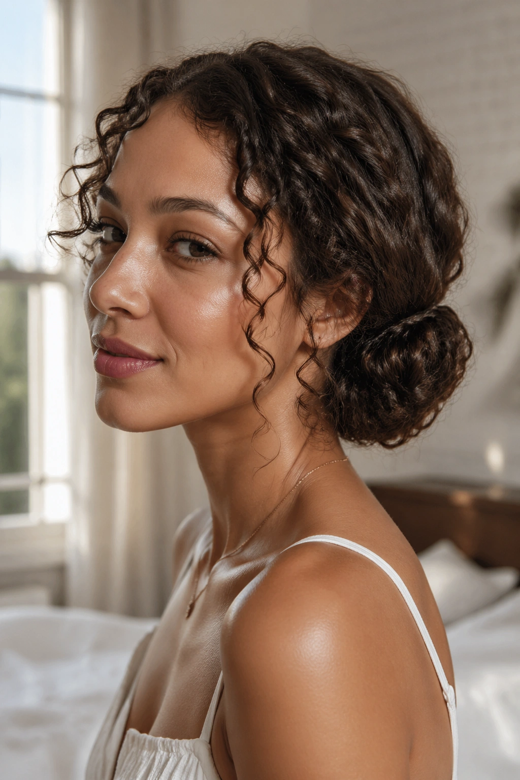 Close-up of a real woman with low rolled tuck in curly hair at the nape, warm window light