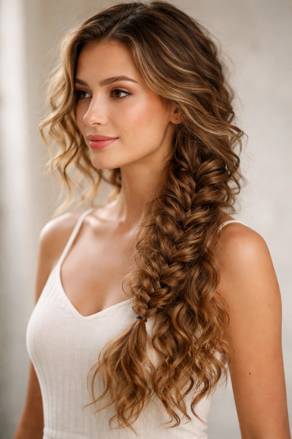 Low side braid draping over shoulder with loose curls