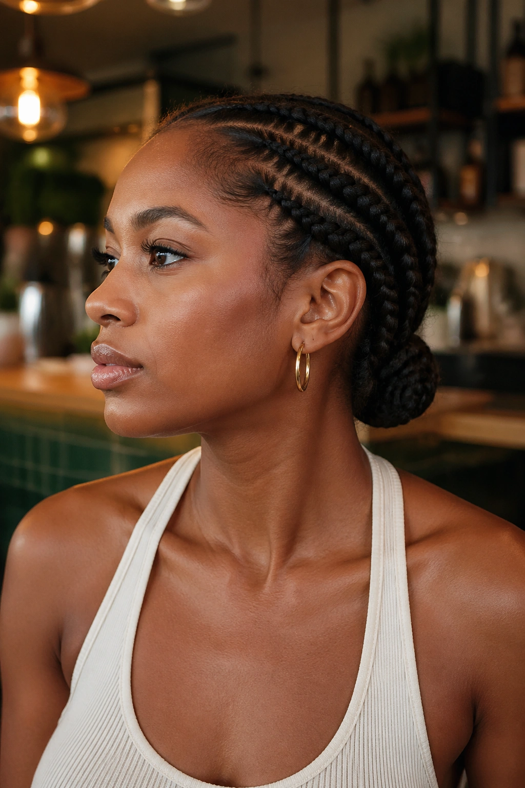 Low side braids anchoring nape knots on a real person, warm cafe lighting.