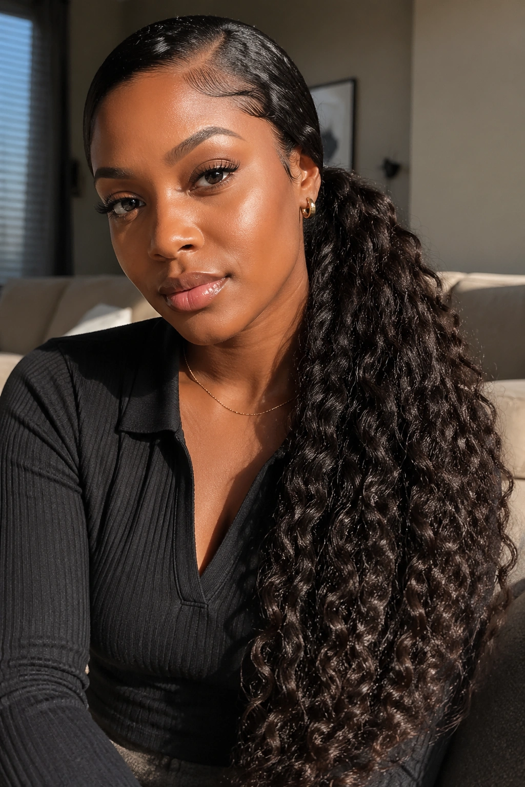 Close-up of a real woman with a low side curly ponytail and long extensions.