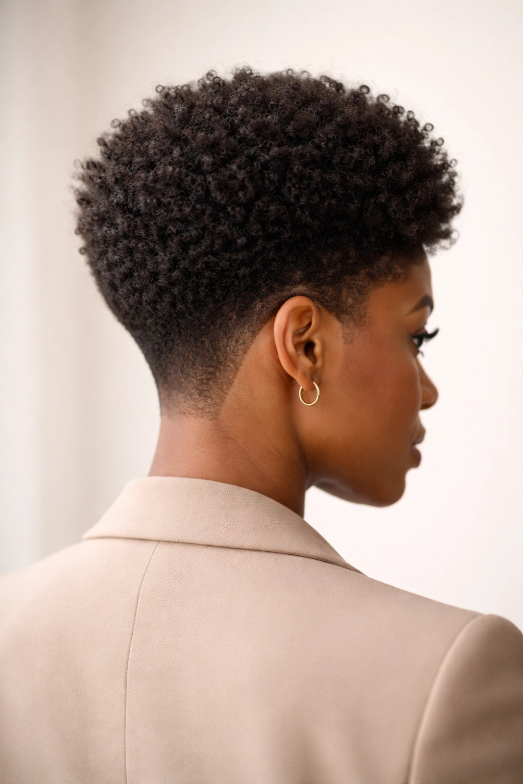 Three-quarter rear view of a woman with a low tapered Afro and sharp nape