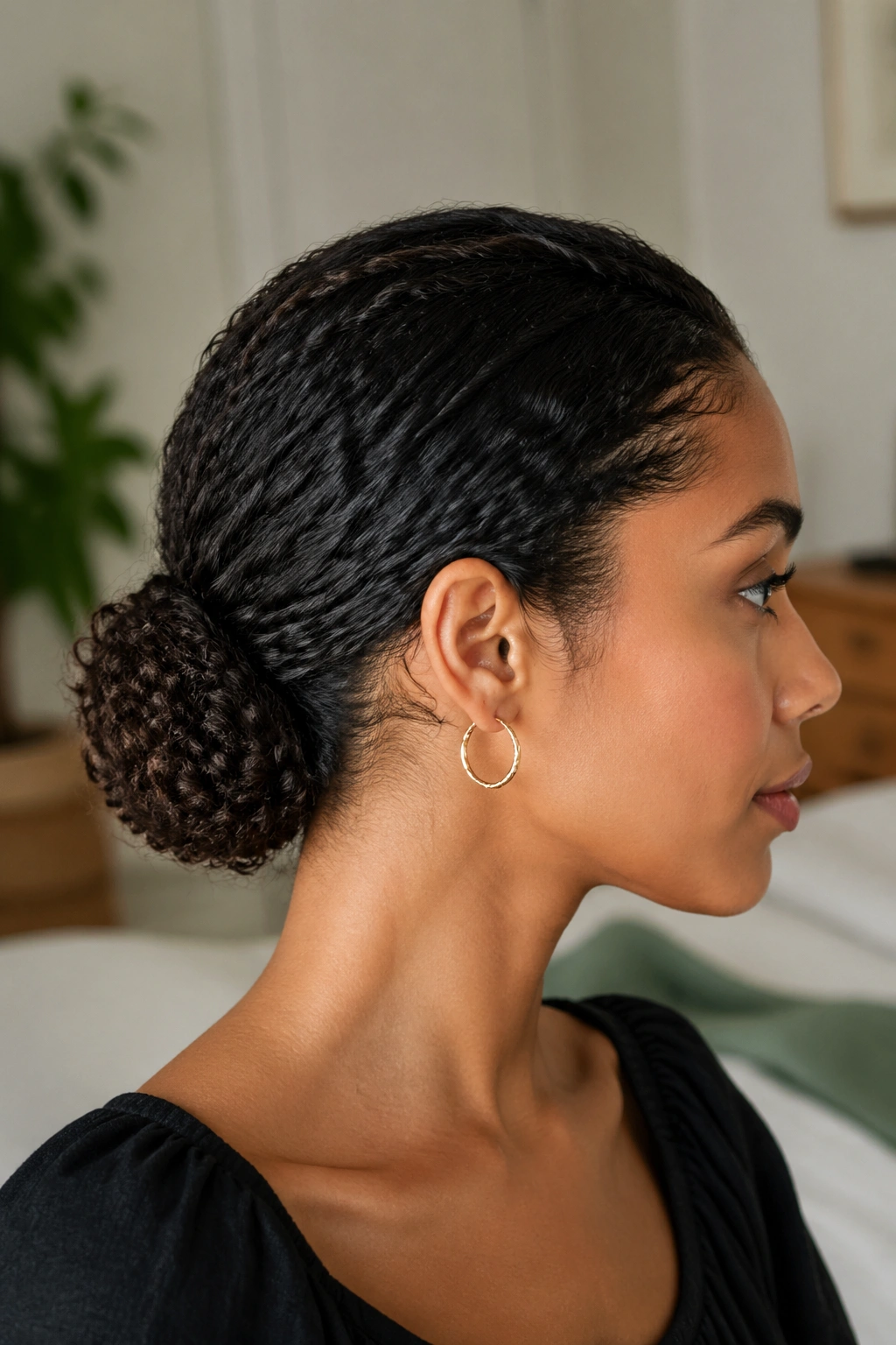 Close-up of a real woman with a low tucked ballerina bun at the nape