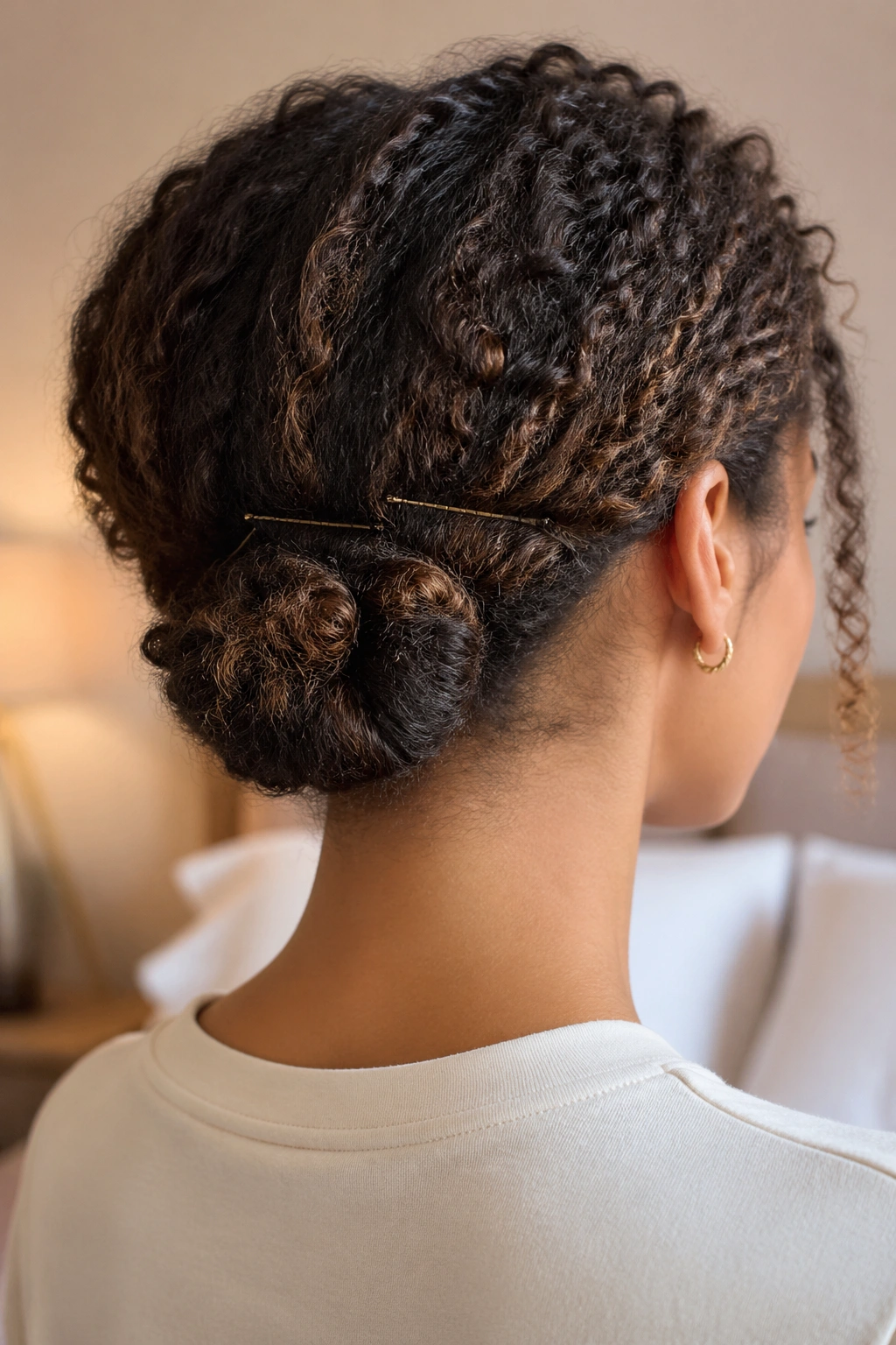 Close-up of a real woman with a low tucked roll pinned at the nape.