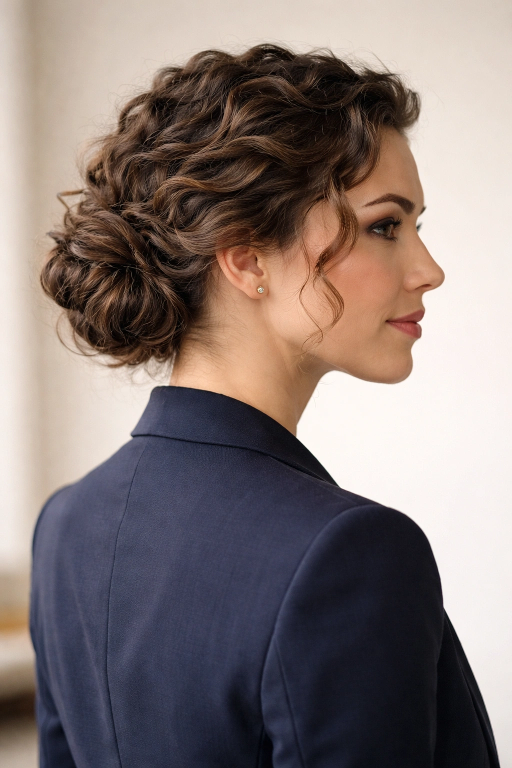 Close-up of a low twisted bun with curly crown on curly hair, professional interview-ready.