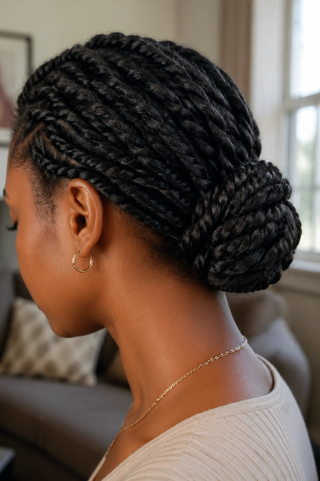 Portrait of a person with a low twisted bun at the nape in a softly lit living room.