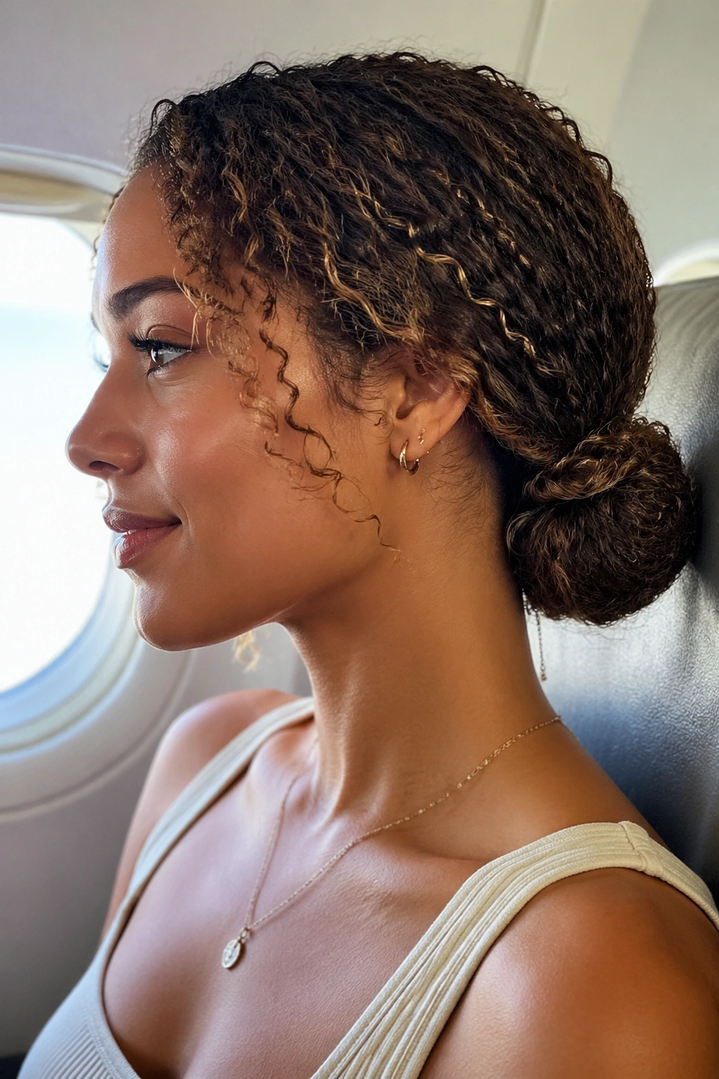 Low twisted bun at the nape on a real woman with travel-day background