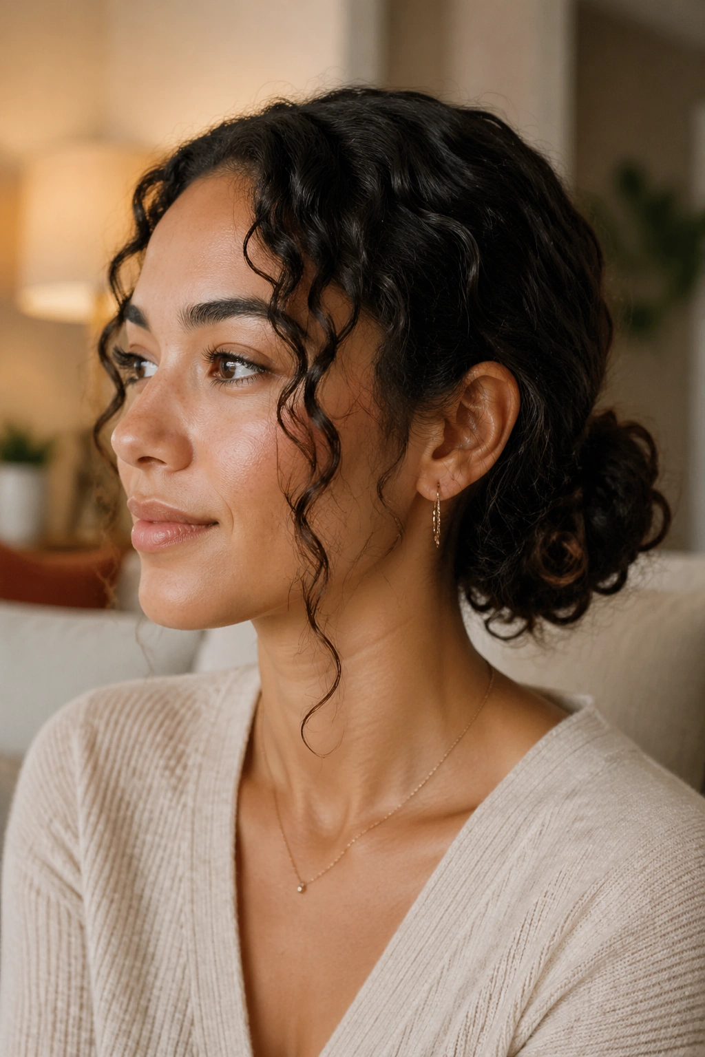 Medium close-up of a woman with a low curly bun at the nape and face-framing tendrils