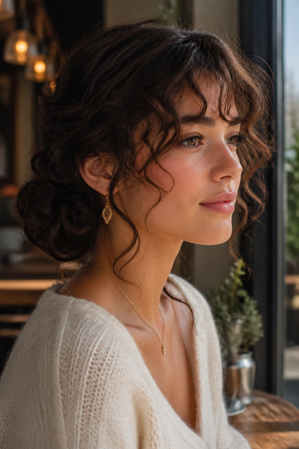 Low chignon with curly fringe on a real woman by cafe window