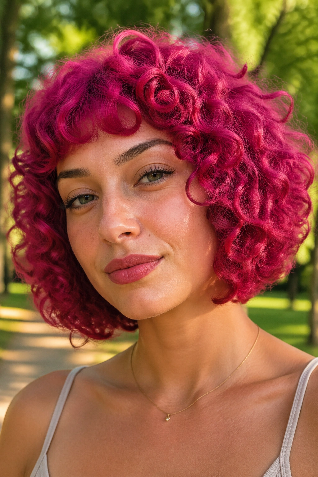 Close-up portrait of a real woman with magenta curly bob in a sunlit park