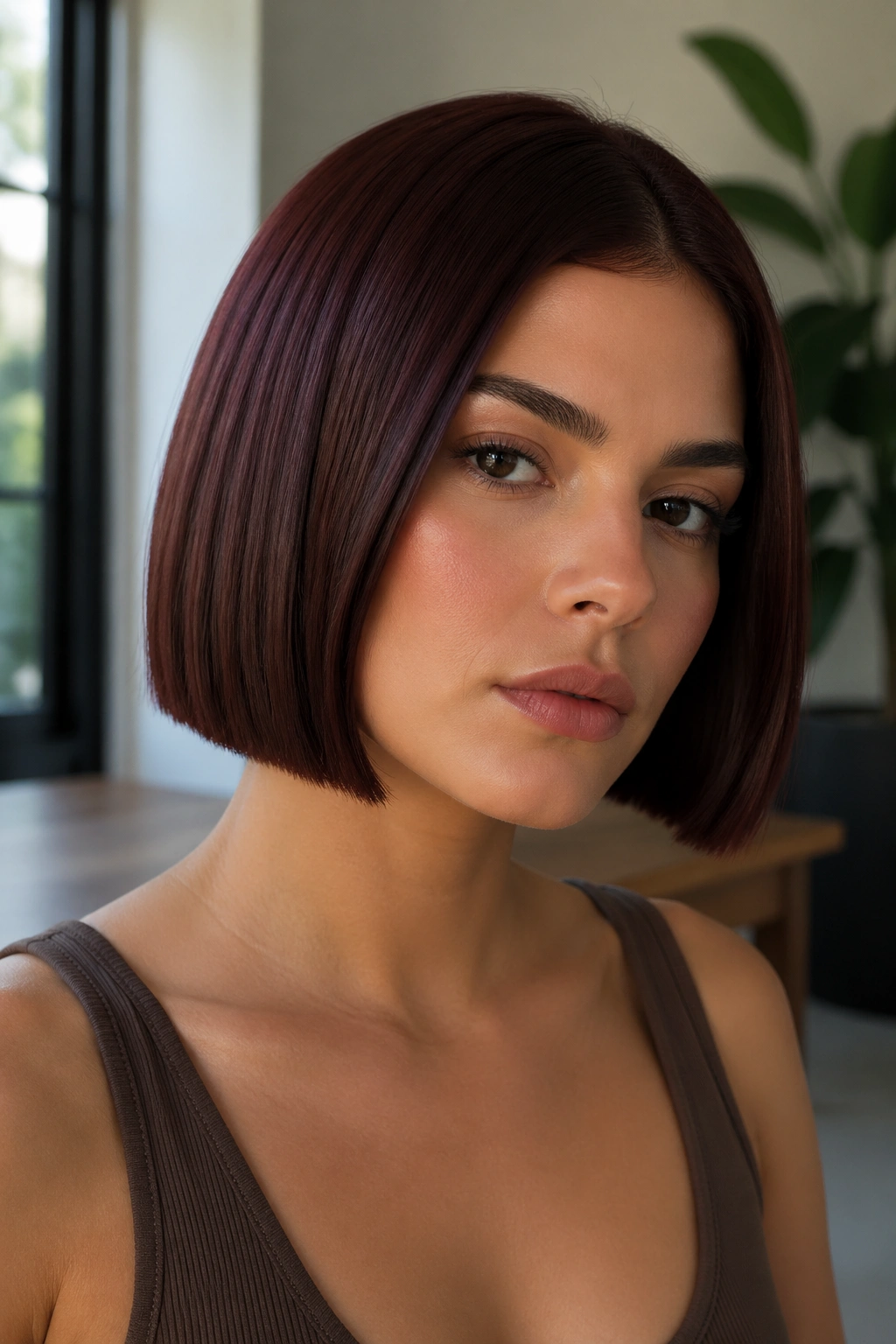 Close-up of a real woman with a mahogany box bob and blunt edge