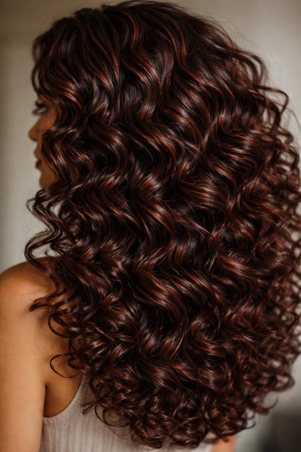 Close-up curly hair mahogany brown with red undertones