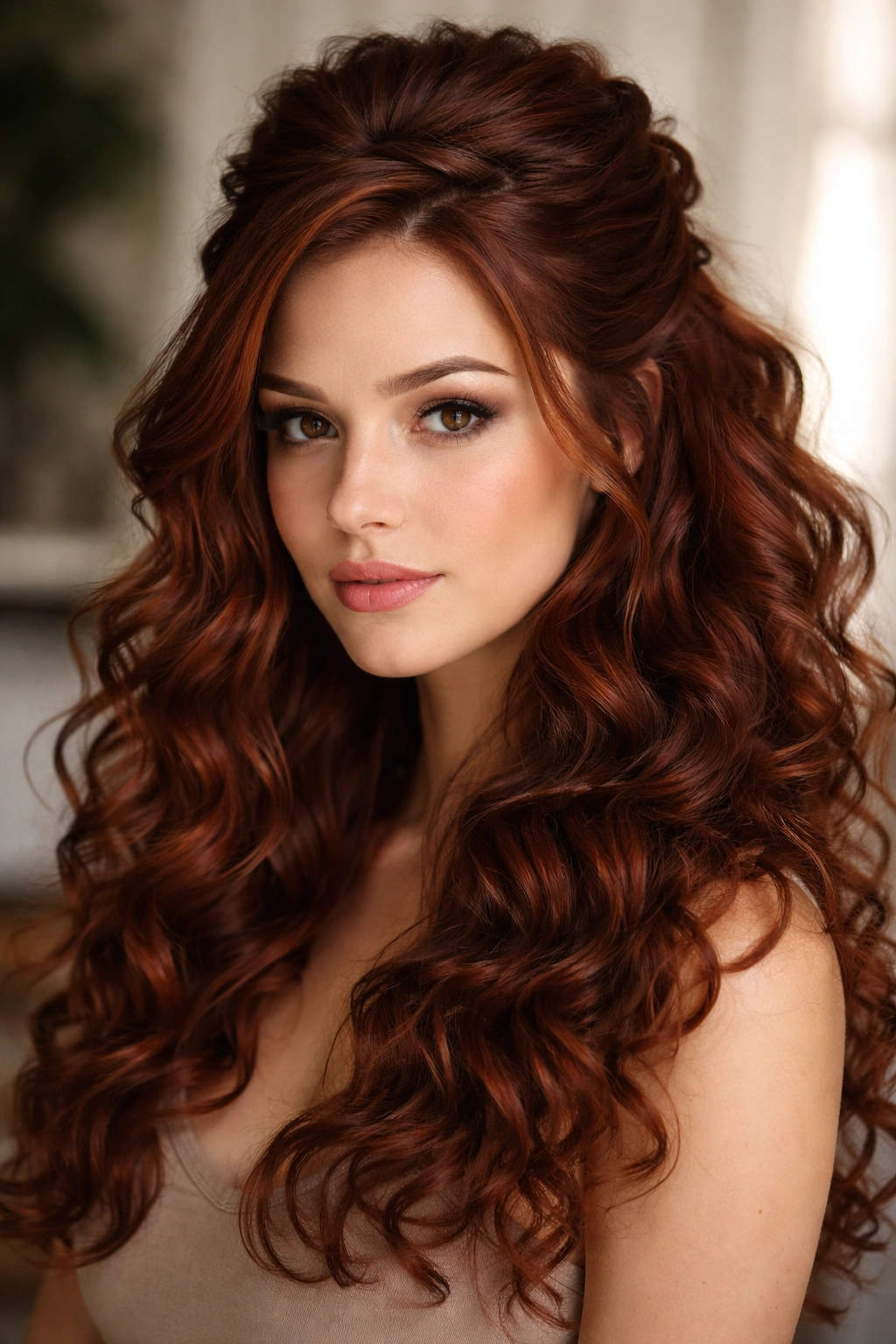 Close-up of mahogany red half-up twist with loose curls