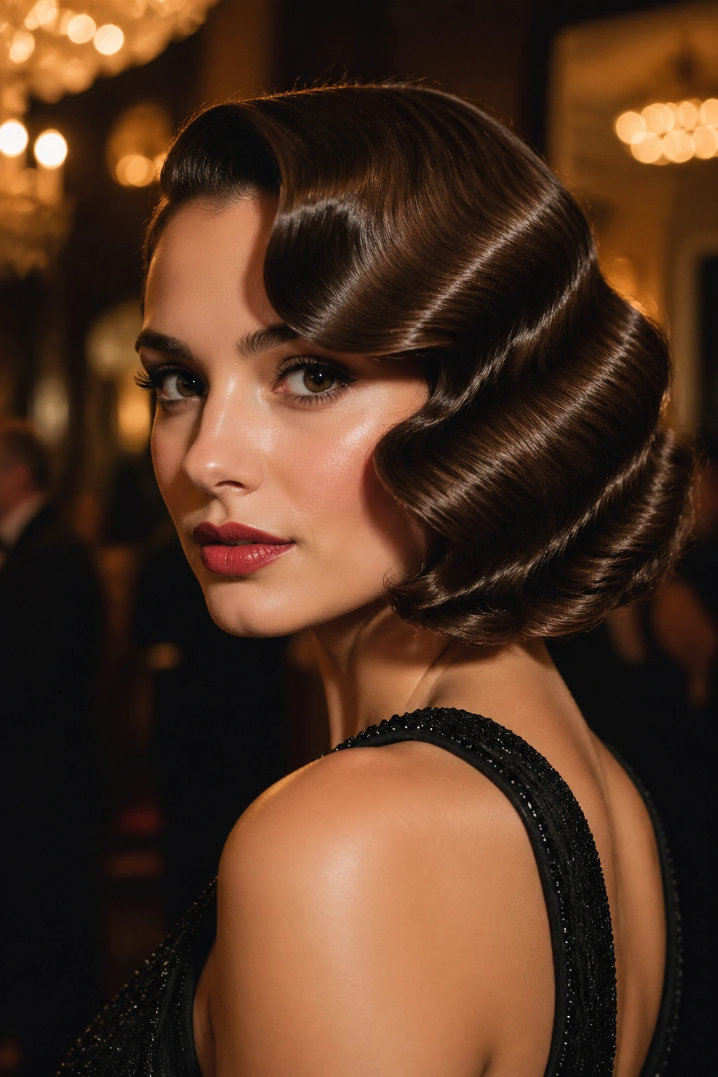 Portrait of a woman with Marcel wave bob and glossy finish in evening light