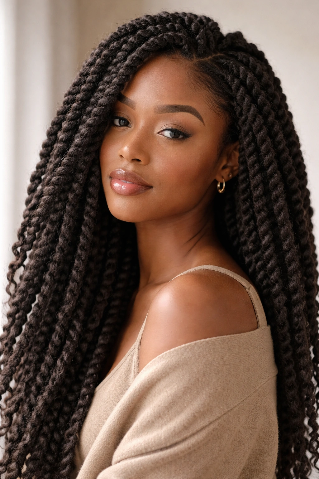 Close-up of ropey matte Marley twists on afro-textured hair