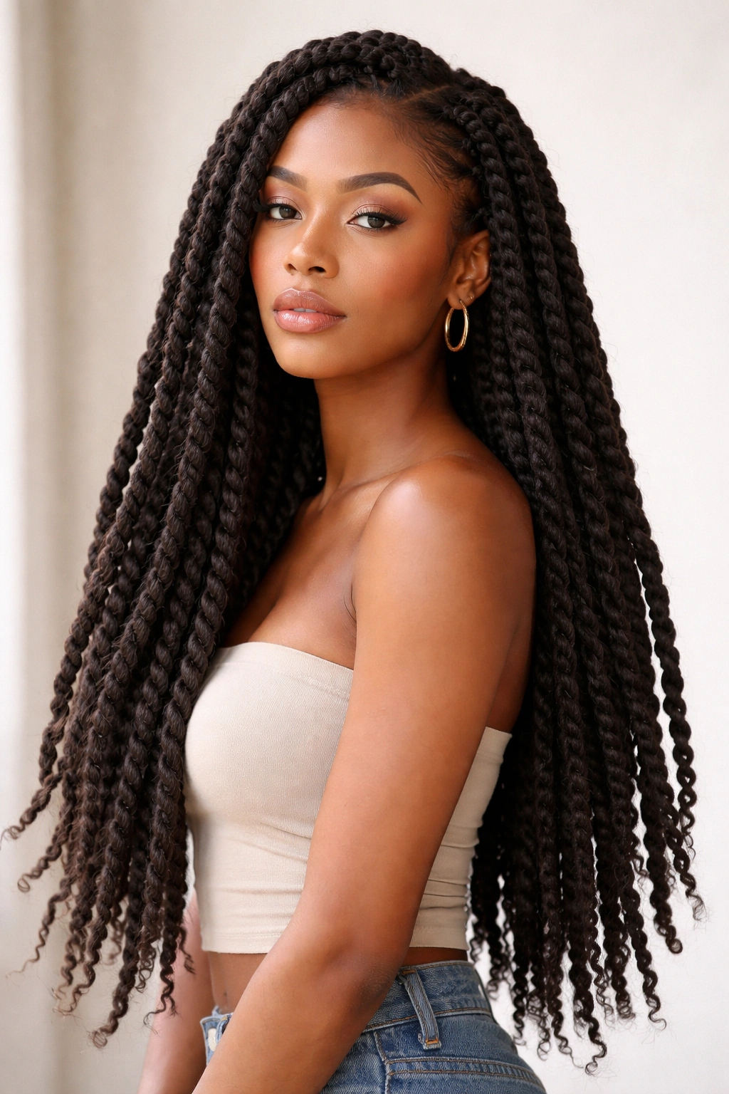 Marley twists hairstyle with ropey thick strands and matte finish