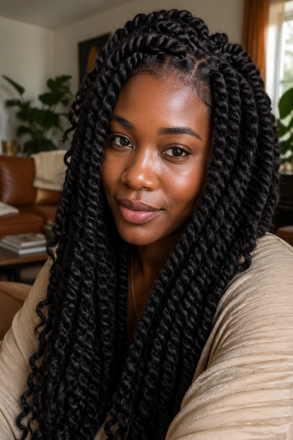 Close-up portrait of a real woman with Marley twists in a softly lit living room
