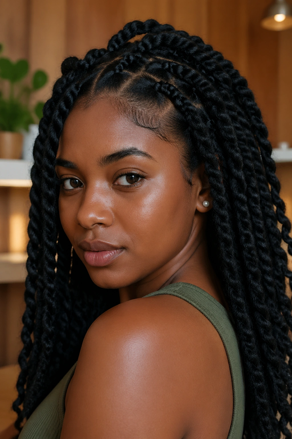 Real person wearing Marley twists with textured matte finish