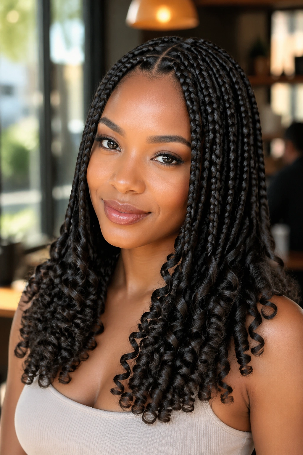 Portrait of a real woman with medium knotless braids and soft barrel curls in a sunlit room.