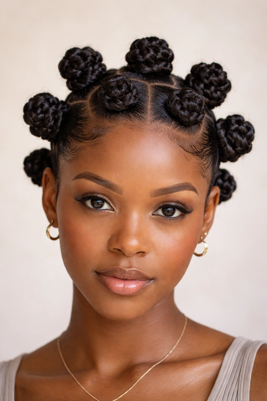 Close-up of medium Bantu knots on stretched 4C hair with neat parts