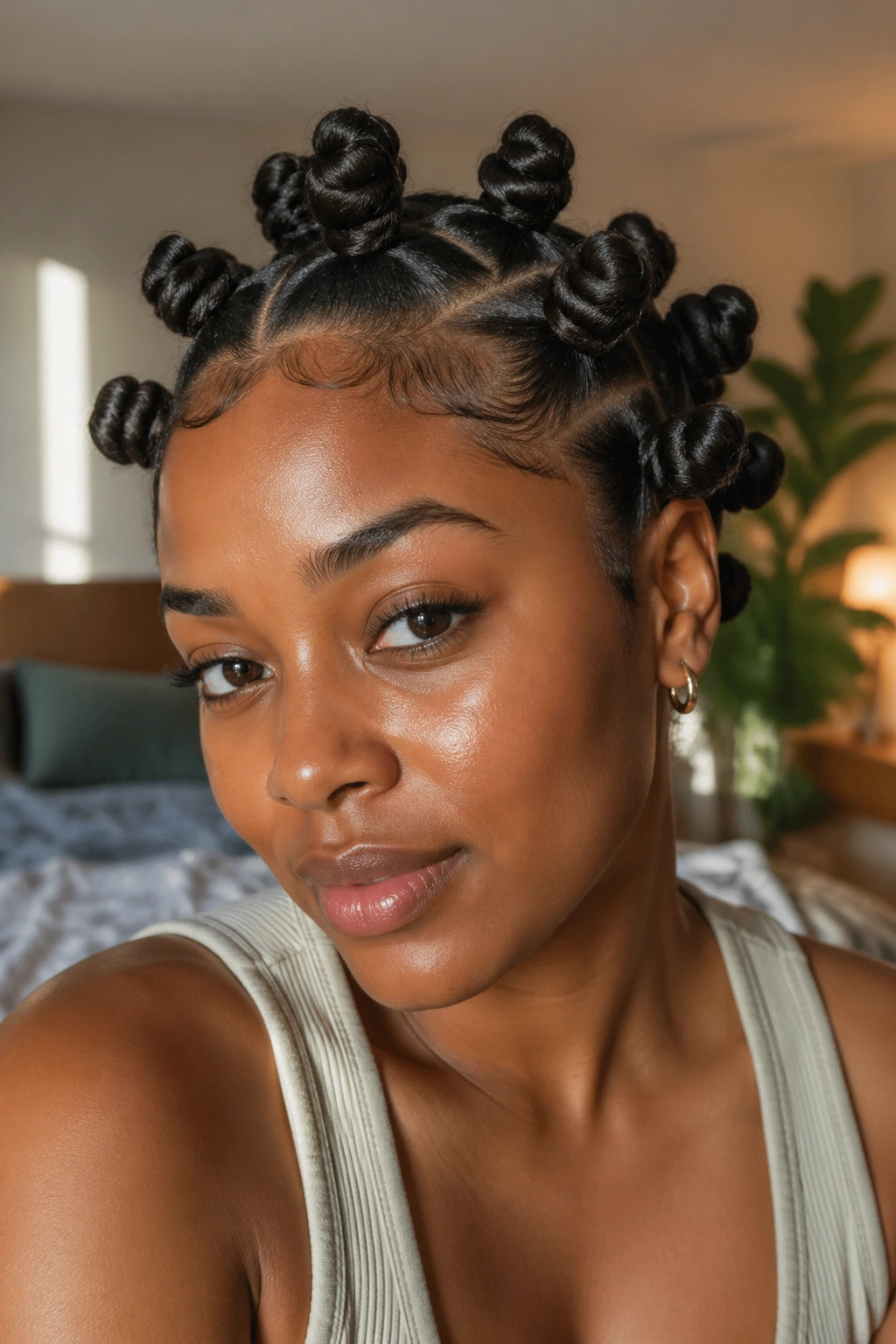 Close-up portrait of a real person with medium Bantu knots occupying the frame