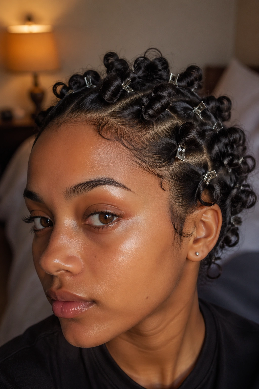 Real person with curls pinned around crown using smooth clips