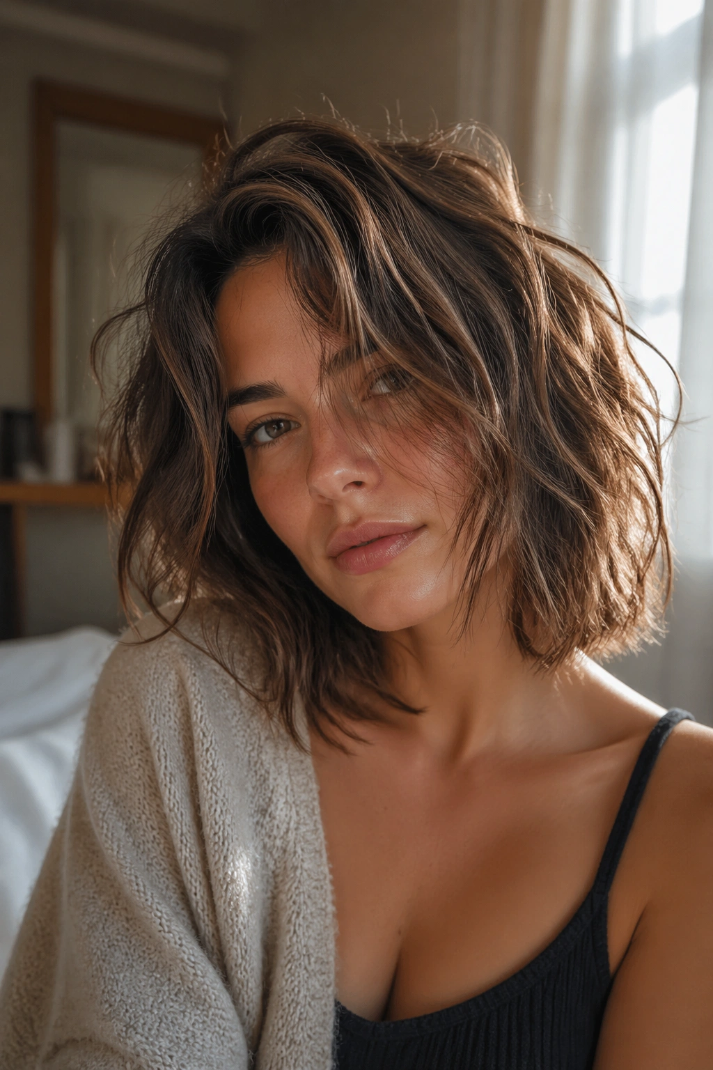 Close-up of real woman with messy air-dry shoulder-length bob and light layers in warm window light