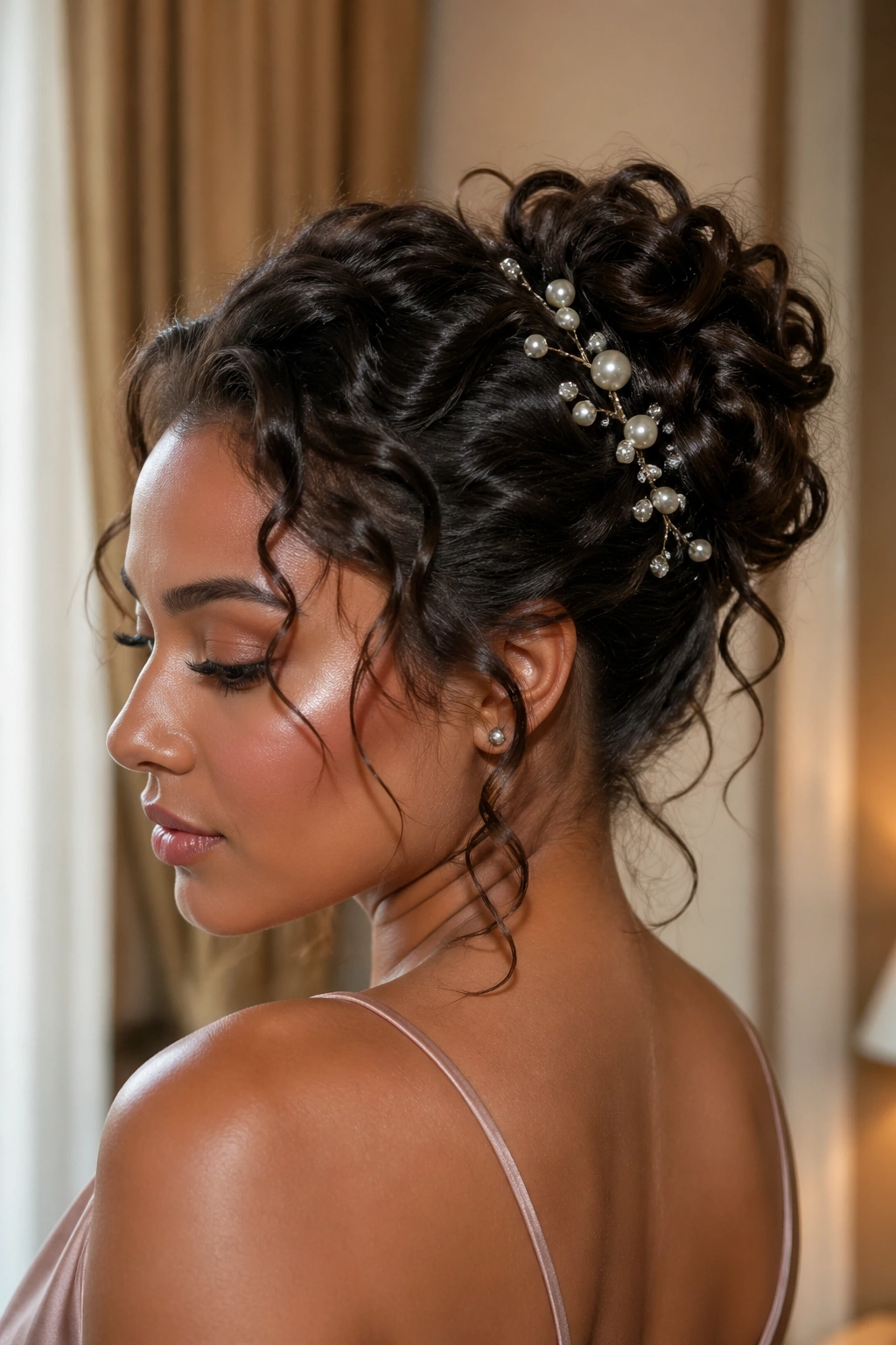 Close-up of a real woman with a messy curly bun and pearl pins.