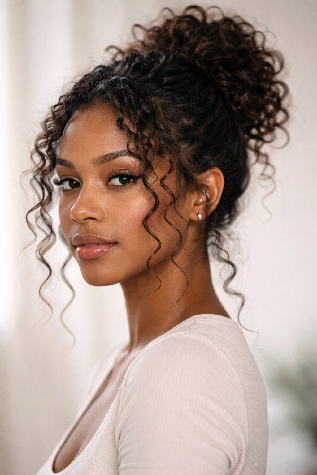 Messy Coily Bun with Face-Framing Pieces: undone bun with front curls left out