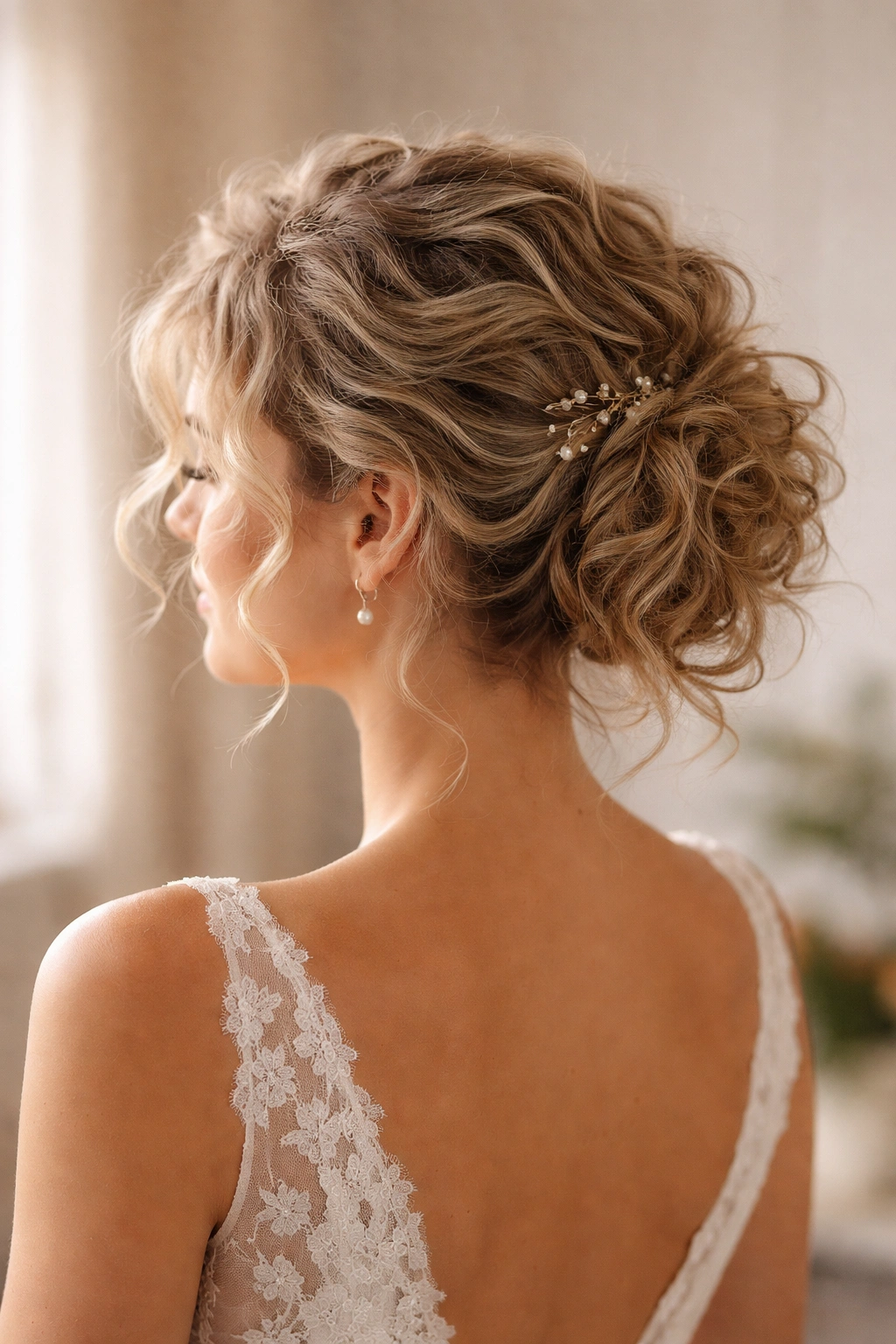 Messy curly updo with loose curls and pins