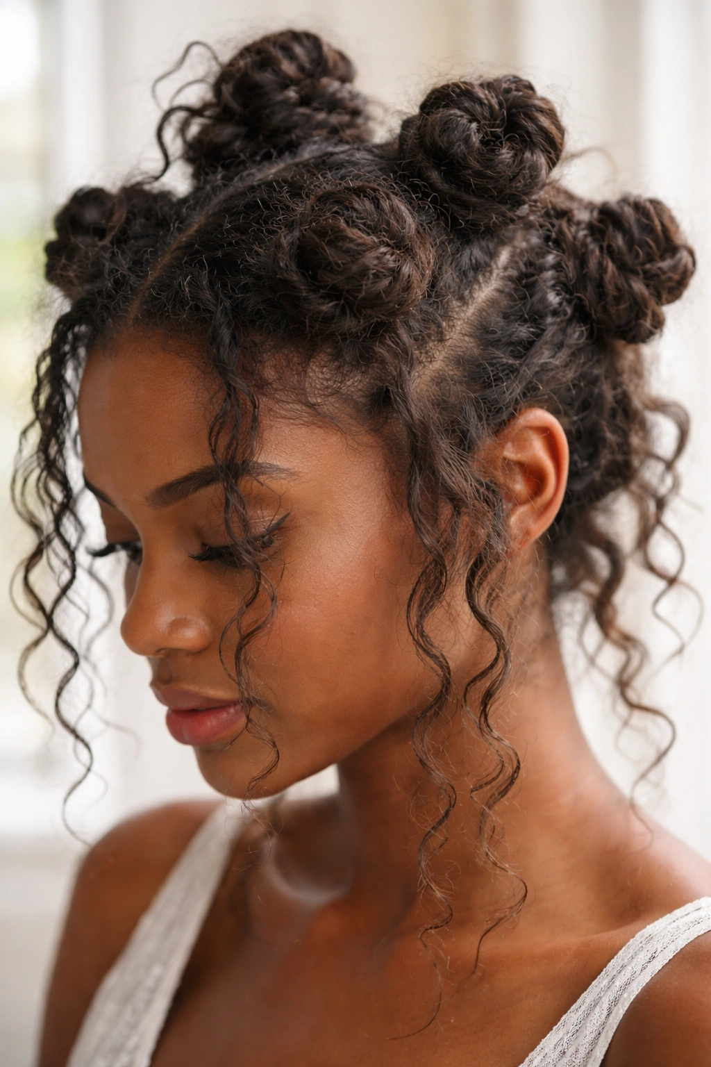 Messy texture Bantu knots on old wash day hair with visible grip