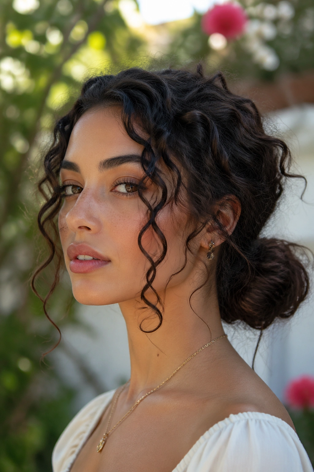 Close-up of real woman with messy low bun and face-framing curls