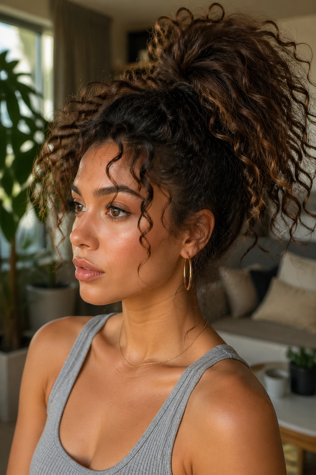 Close-up of messy piecey high ponytail with loose curls around the face