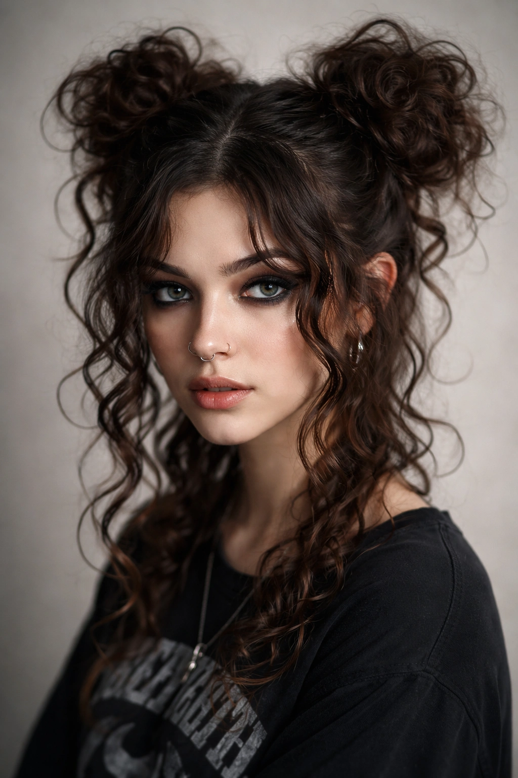 Messy space buns on curly hair with face-framing curls and textured crown.