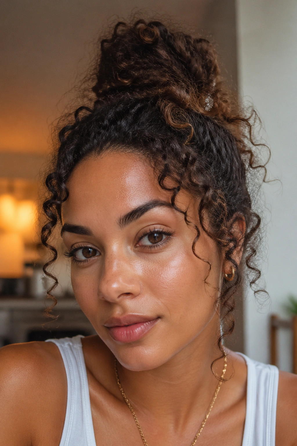 Close-up of a real person with a messy curly top knot
