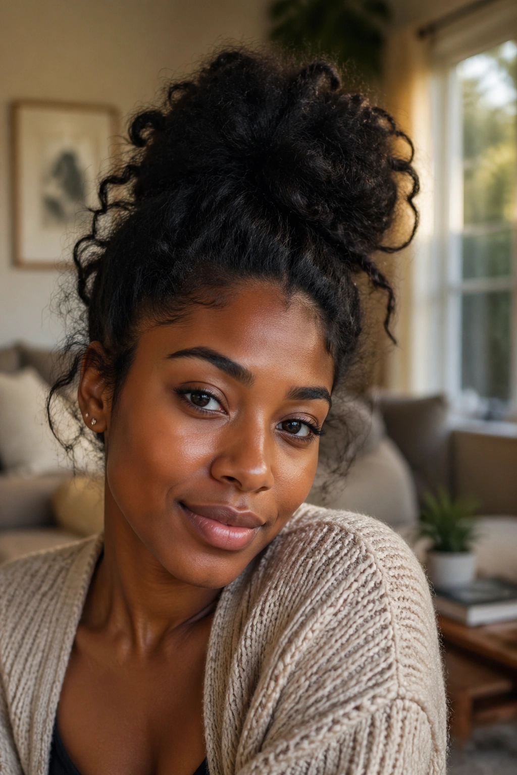 Close-up of a real woman with a messy top knot in a living room with warm daylight.