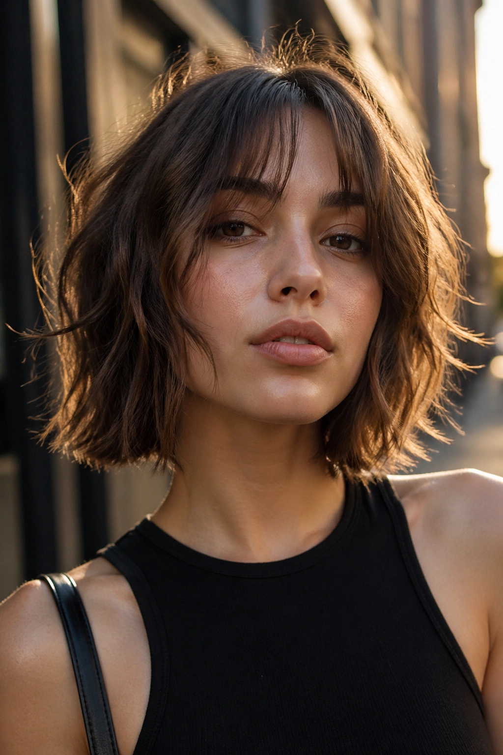 Close-up portrait of a real person wearing a messy wolf bob with grown-out curtain fringe in golden-hour light