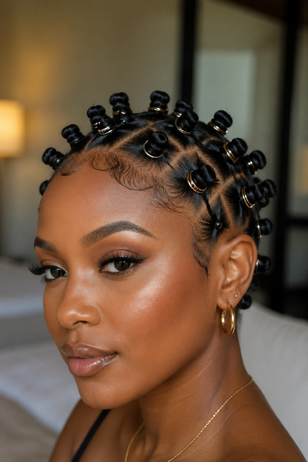 Real woman with tiny Bantu knots featuring metallic rings
