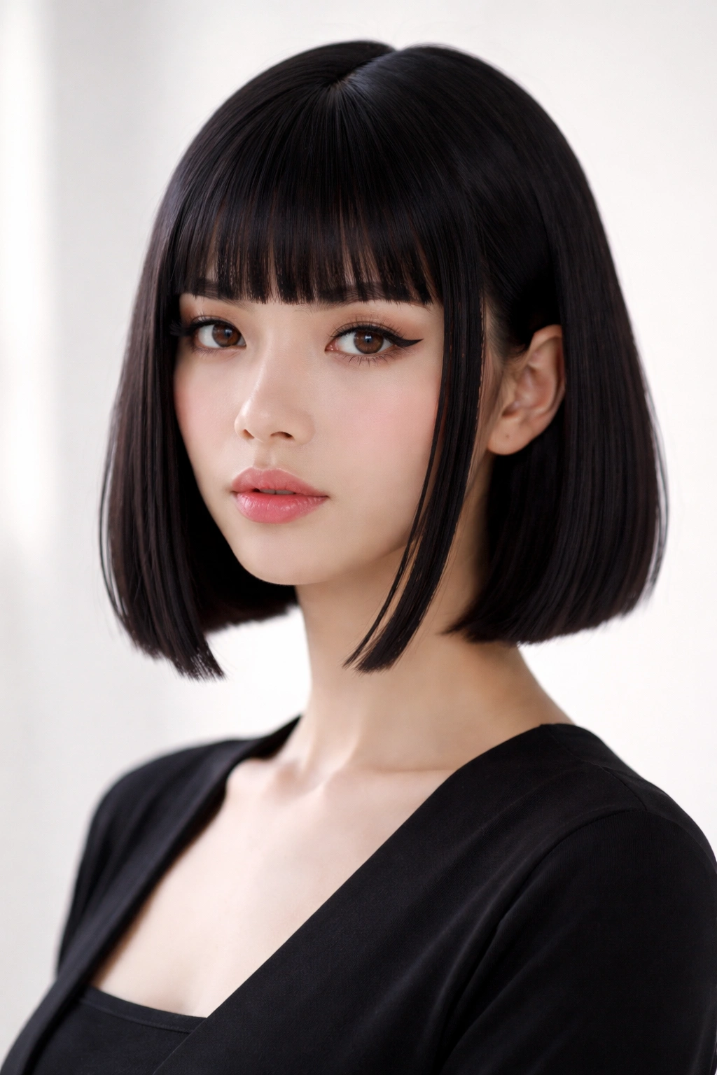 Micro-bang hime cut bob with bold short fringe and defined temple pieces.