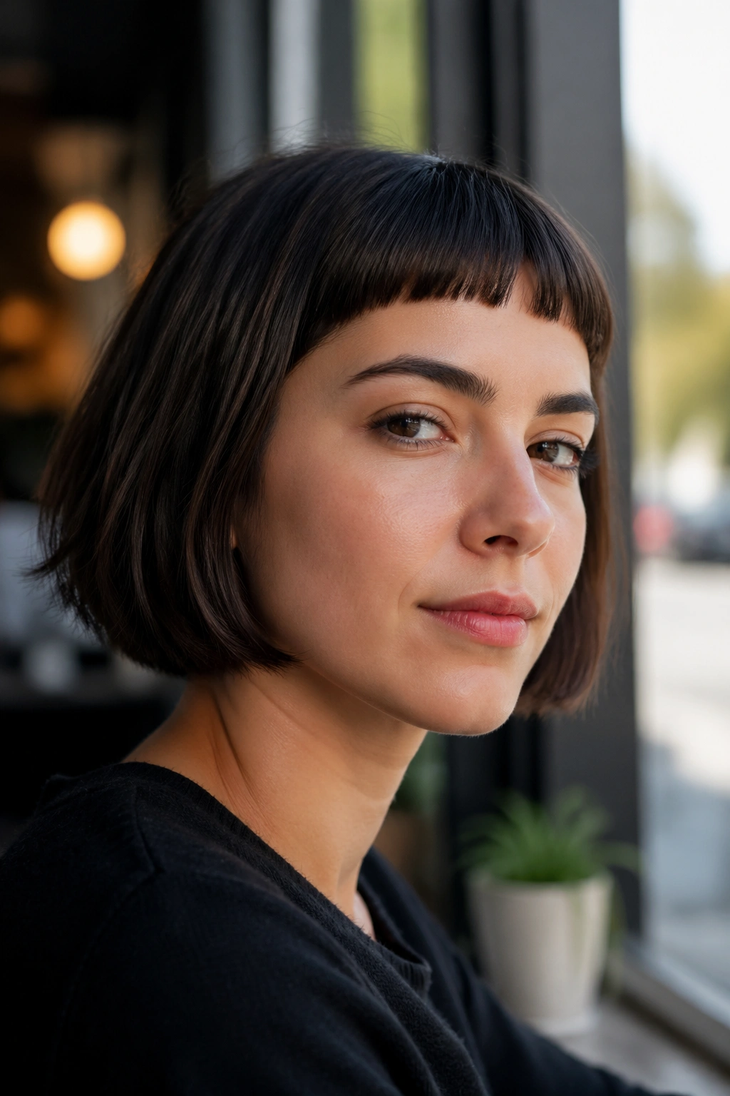Close-up of real woman with micro bangs and a chin-length bob