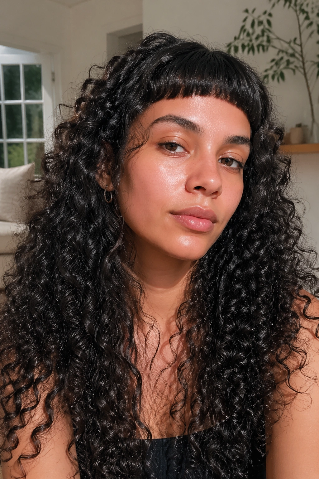 Close-up of micro bangs with long coil curls on a real person
